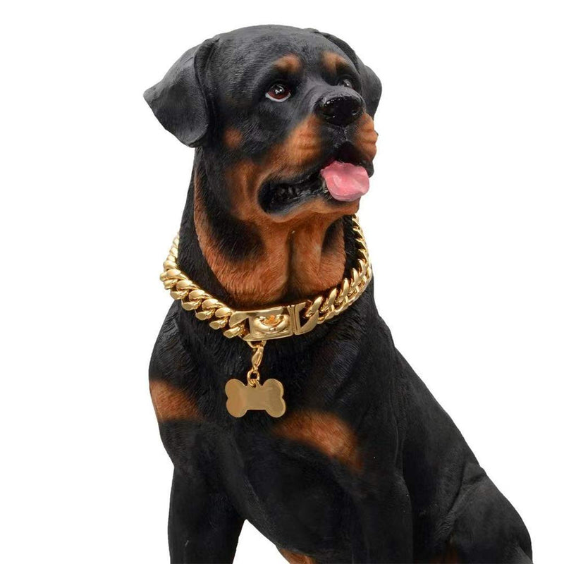 Strong Heavy Duty Chew Proof Gold Chain Dog Collar with Safety Buckle, Stainlesss Steel Plated 18K Gold Metal Cuban Link Chain Walking Training Choke Pendant Necklace, for Small Medium Large Dogs 10" collar suits for 8.5" neck - PawsPlanet Australia