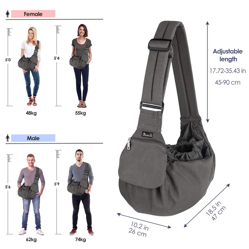 [Australia] - SlowTon Pet Sling Carrier, Comfortable Hard Bottom Support Small Dog Papoose Sling Adjustable Padded Shoulder Strap Hand Free Puppy Cat Carry Bag with Drawstring Opening Zipper Pocket Safety Belt For Pets Up to 9 lbs Grey 