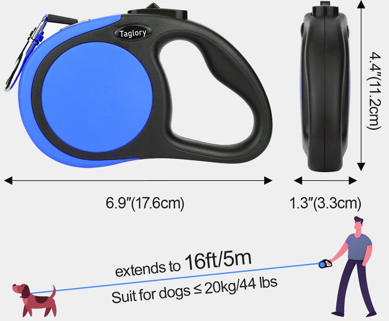 Taglory Retractable Dog Leash, 16ft No Tangle Dog Leash Retractable for Small to Medium to Large Dogs, One-Handed Brake, Pause, Lock Small to Medium(Pack of 1) Blue - PawsPlanet Australia
