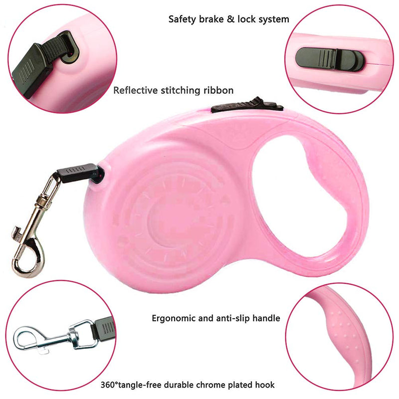 kuou Retractable Dog Lead, Retractable Dog Leash with Easy One Button Brake & Lock Safety System for Small Medium Pet(3M/9.8ft,PINK) Pink - PawsPlanet Australia