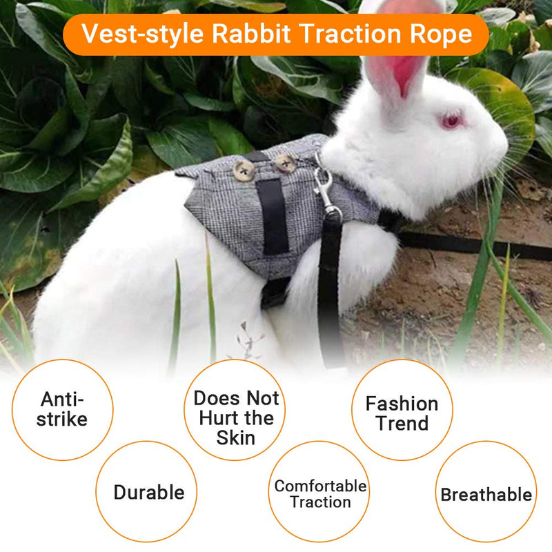 Pssopp Rabbit Harness Leash Cute Bunny Vest Harness and Leash Set With Button Decor Pets Adjustable Formal Suit Style Plaid Stripe Harness Grey(S) S - PawsPlanet Australia