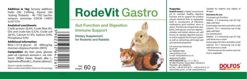 RodeVit Gastro Probiotic Herbal Mixture and Beta-Glucan for Rodents and Rabbits 60g Digestion Aid - PawsPlanet Australia