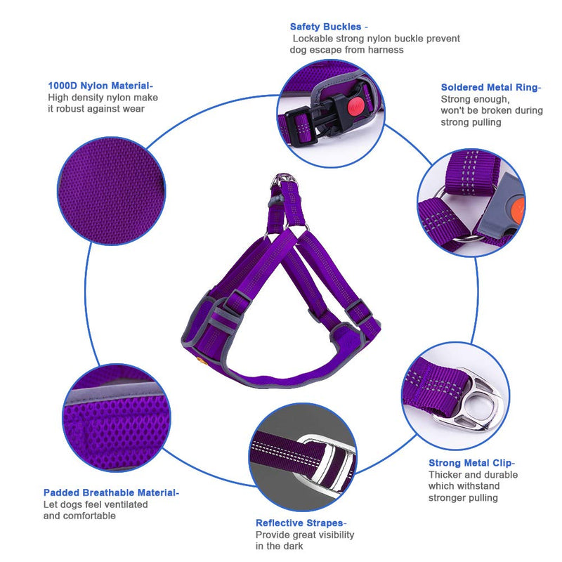 [Australia] - AdventureMore Dog Harness Leash Set, Step-in Escape Proof Reflective Dog Vest, No-Pull Adjustable Halter and Lead, with 5 ft Anti-Pull Dual-Handle Bungee Training Leash M/Chest girth 19-24 in Purple 