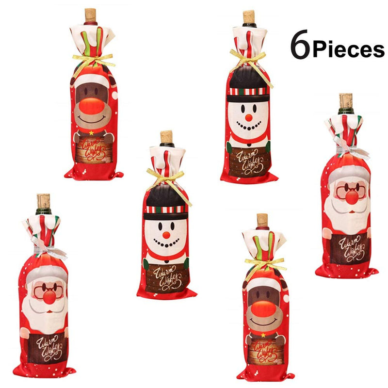 SCXCOPIDO Christmas Wine Bottle Cover Bags with Drawstrings，Christmas Gift Santa Snowman Elk Wine Bags,Xmas Party Dinner Table Decorations 6pcs - PawsPlanet Australia