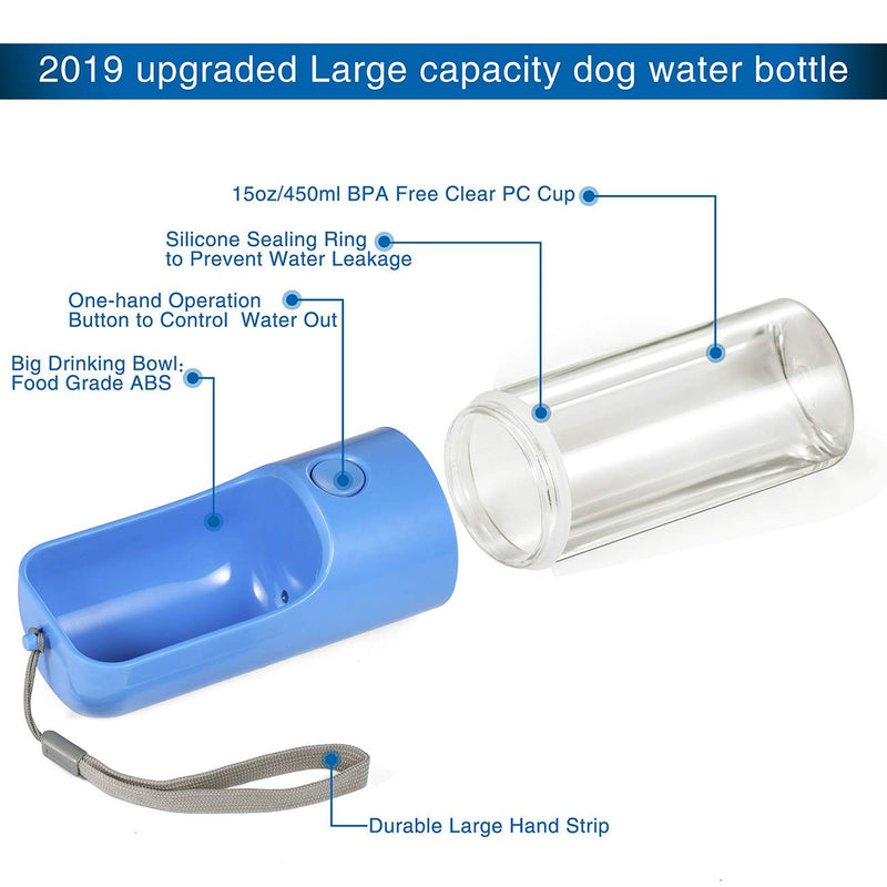 YUSKO Portable Dog Water Bottle 450ml,Pet Water bottle, Food Grade ABS Leak Proof Lightweight Water Dispenser Drinking Bowl Bottles for Pet Outdoor Travel, Walking Drinking Cup (16 Oz) Blue - PawsPlanet Australia