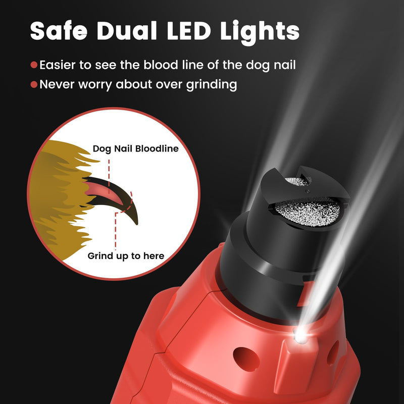 LAKWAR Upgraded 6 Speed Dog Nail Grinder with 2 LED Lights, Quiet Painless Powerful Pet Nail Trimmer for Dogs, Electric Nail File for Cats and Large Small Red - PawsPlanet Australia