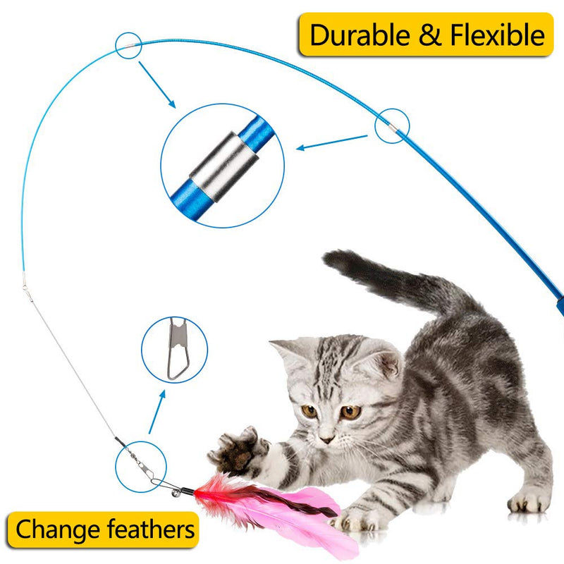 Interactive cat toy with feathers, teaser with 2 scalable rods, 10 cat fishing rod replacement feathers with pendant, feather bell attachments, cat toy set for kittens and cats - PawsPlanet Australia