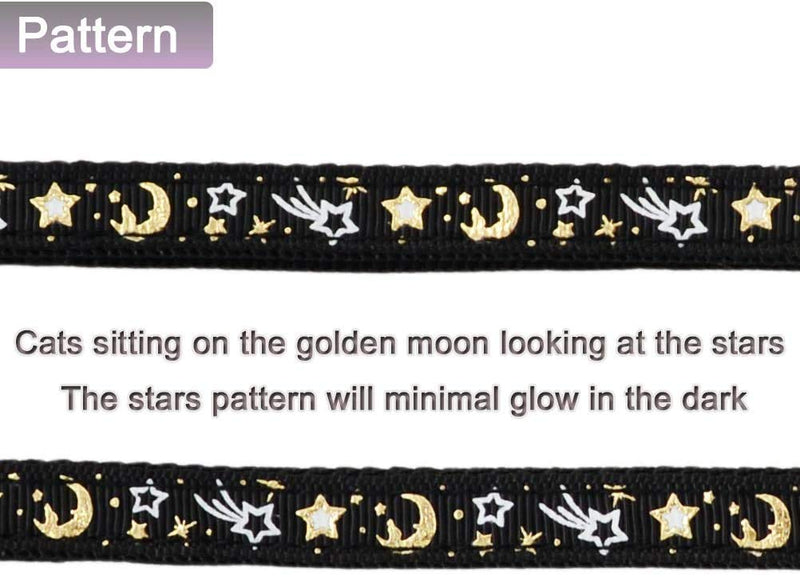 [Australia] - Cat Harness and Leash Set for Outdoor Walking Escape Proof Adjustable Soft Safety Strap with Golden Star and Moon Design Glow in The Dark Black 