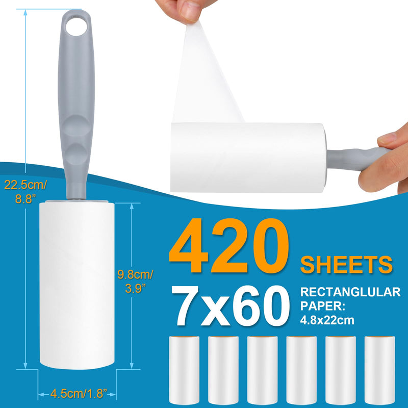 Lint roller, 420 sheets, extra sticky lint roller with 1 dispenser, effective lint roller for animal hair, lint roller for clothing, lint roller for clothing, sofa, bed and carpet, 7 rolls with 60 sheets each - PawsPlanet Australia