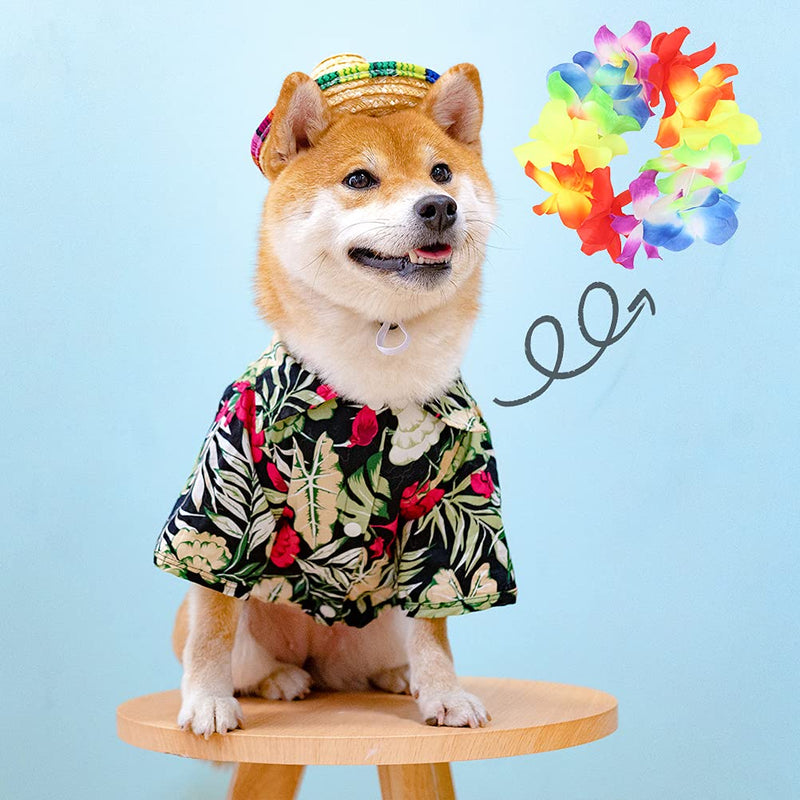 EXPAWLORER Hawaiian Dog T-Shirt Set - Summer Pet Clothes Apparel with Straw Hat and Garland for Small Medium Large Dogs Black - PawsPlanet Australia