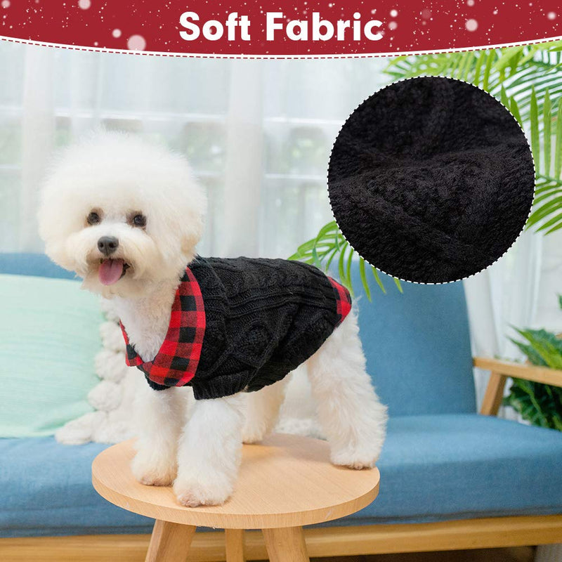 [Australia] - Warm Dog Sweater Winter Clothes - Plaid Patchwork Pet Doggy Knitted Sweaters Comfortable Coats for Cold Weather, Fit for Small Medium Large Dogs X-Small Black 