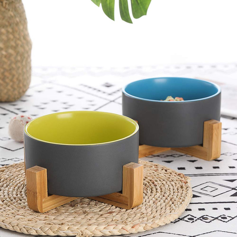 HCHLQLZ Gray Green Ceramic Dog Bowl with Wood Stand No Spill Pet Food Water Feeder Cats Small Dogs - PawsPlanet Australia