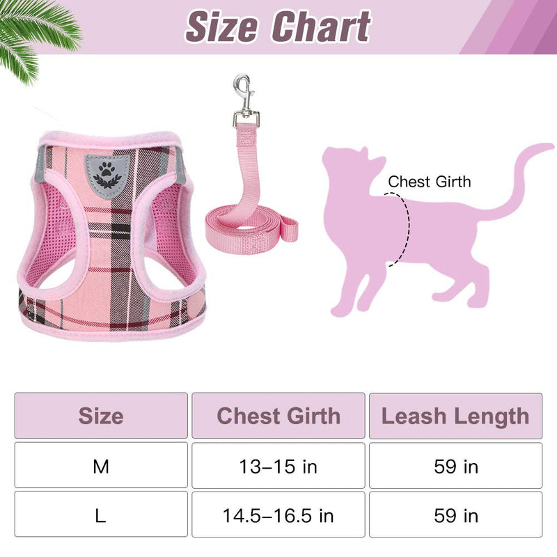 PUPTECK Escape Proof Cat Harness and Leash Set for Medium and Large Kitten Kitties with Classic Plaid Pattern, Breathable and Soft for Outdoor Walking Adjustable Chest Strap, Pink M: Chest: 13-15" - PawsPlanet Australia