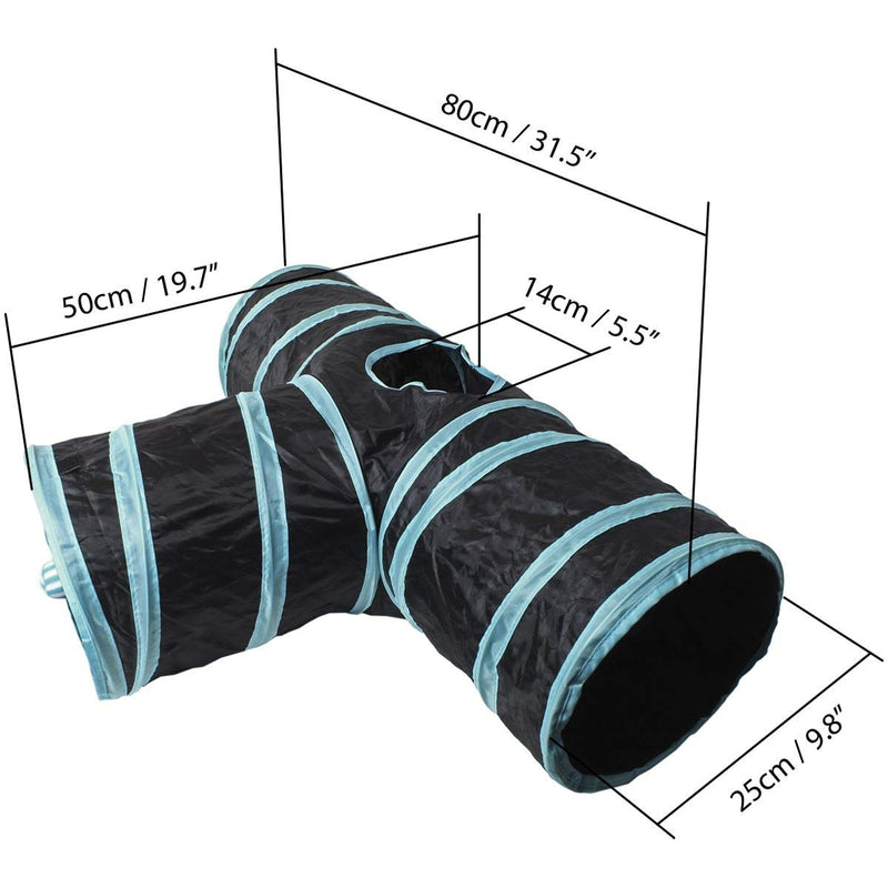 iGadgitz Home U6979-3 Way Cat Tunnel Collapsible Pet Tunnel Interactive Rabbit Tunnel with Hanging Ball - Indoor/Outdoor - Black/Blue Trim - PawsPlanet Australia