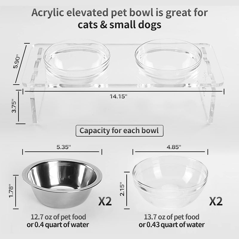 Elevated Cat Dog Bowls - Feoyoho Raised Pet Bowl Acrylic Feeder Stand with Two Removable Glass Bowls and Extra Two Stainless Steel Bowls for Small Dogs Cats,3.75 Inch small-3.75'' tall,1.5 cup bowl - PawsPlanet Australia