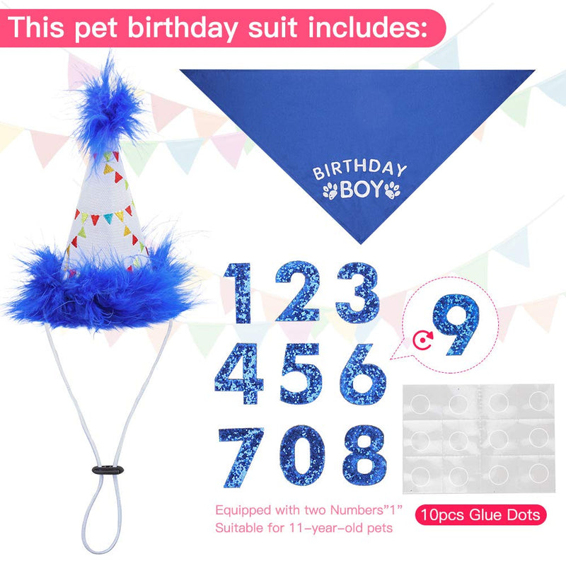 Dog Birthday Bandana Boy Scarf and Reusable Dog Birthday Hat with 0-8 Figures Blue - PawsPlanet Australia