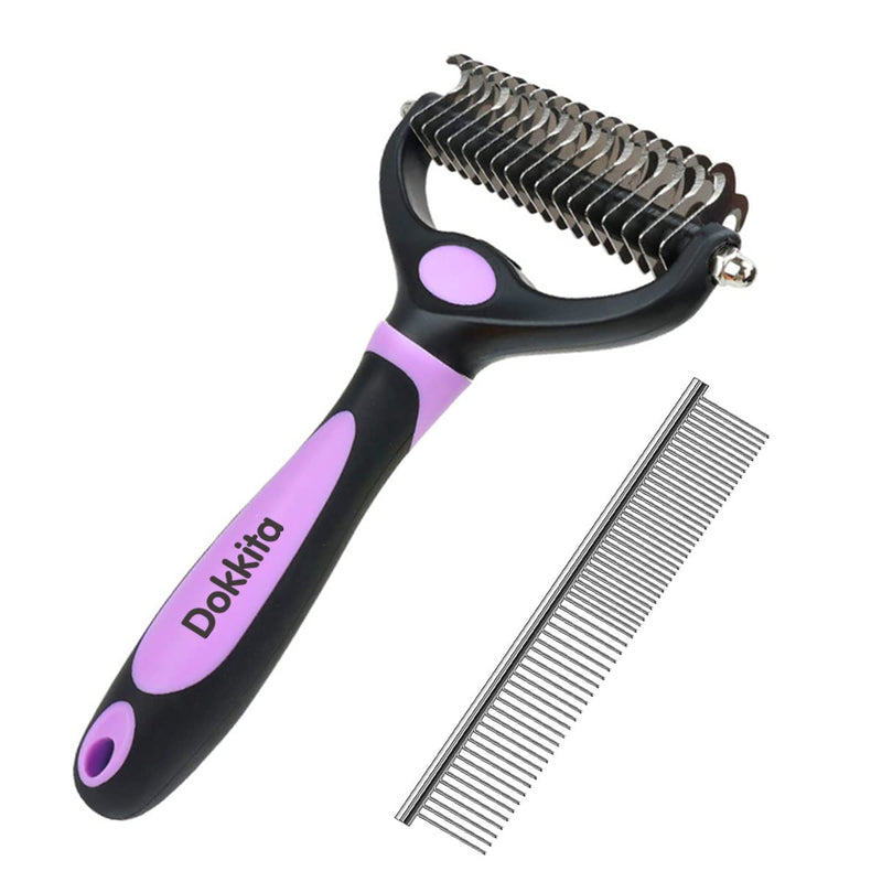 Dokkita dog brush cat brush for long hair undercoat, undercoat brush 17+9 rake side, undercoat comb removes undercoat, knots and tangles, fur brush for small and large dogs and cats purple-1 - PawsPlanet Australia