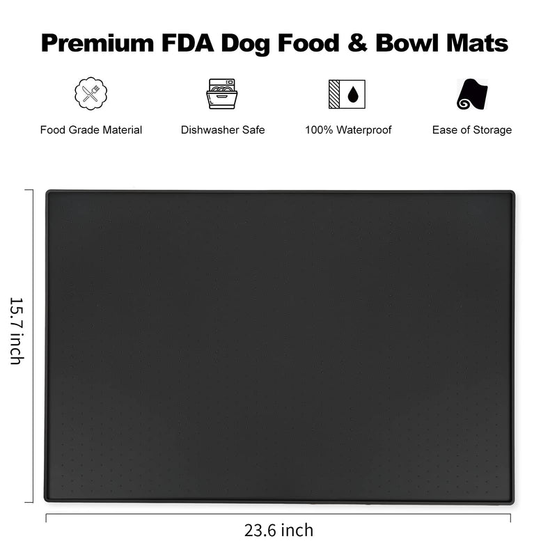 FUKUMARU Silicone Dog Mat for Food and Water, 23.6" x 15.7" Cat Feeding Mats for Floors Waterproof, Rubber Non Slip Dog Food Tray, Pet Bowls Placemat Large Black - PawsPlanet Australia