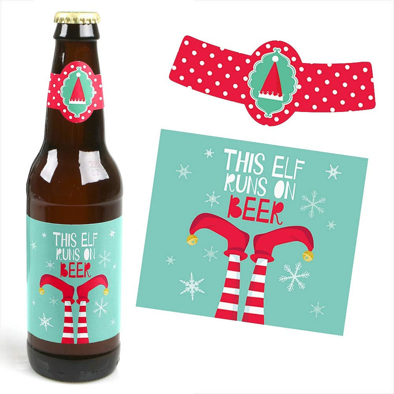 Big Dot of Happiness Elf Squad - Elf Christmas Decorations for Women and Men - 6 Beer Bottle Label Stickers and 1 Carrier - PawsPlanet Australia