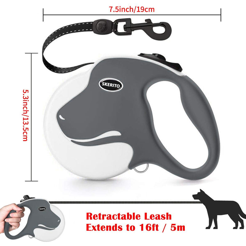 SKERITO Retractable Dog Lead, 360° Tangle-Free Heavy Duty 16ft Reflective Walking Dog Leash Ribbon with Anti-Slip Handle for Medium and Large Dogs Up to 110lbs, One-Handed Brake, Pause and Lock (Gery) Grey - PawsPlanet Australia