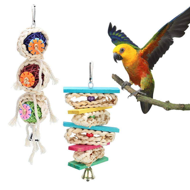 Wear-Resistant Bird Cage Toy, 2PCS Durable Straw Toy, Sepak Takraw Bright Colors Hanging Cage for Budgie Cockatiels,Natural Straw Braid Chew Toy - PawsPlanet Australia
