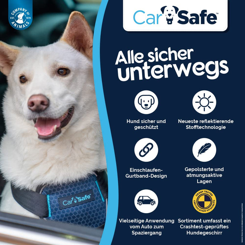 CarSafe crash-tested dog safety harness, crash-tested up to 32 kg / 70 lbs, reliably secures the dog in the car, comfortable and padded design, for large dogs (size L) Blue Large - PawsPlanet Australia