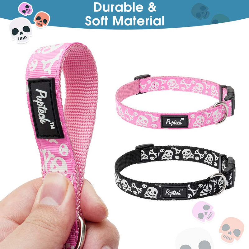 PUPTECK Halloween Skull Pattern Dog Collar 2 Pack (Pink&Black) for Small Medium and Large Dogs - Glow in the Dark - Adjustable Pet Collars with Luminous Design - PawsPlanet Australia