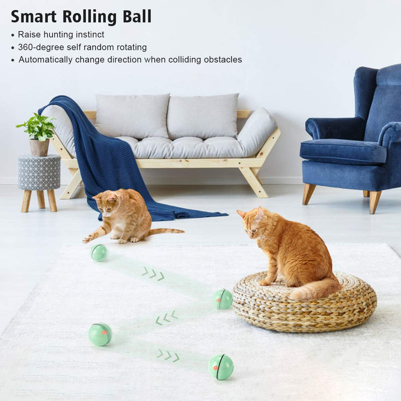 [Australia] - WWVVPET Interactive Cat Toys Ball with LED Light,360 Degree Self Rotating Ball,USB Rechargeable Cat Ball Toy,Stimulate Hunting Instinct Kitten Funny Chaser Roller Pet Toy Green 