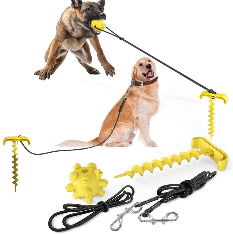 DUJIAOSHOU Dog Spike Stake in Ground?Dog Tie Out Cable and Stake, Dog Lead Leash Sturdy Spiral Ground Anchor with Dog Chew Molar Ball Toy (Yellow) Yellow - PawsPlanet Australia