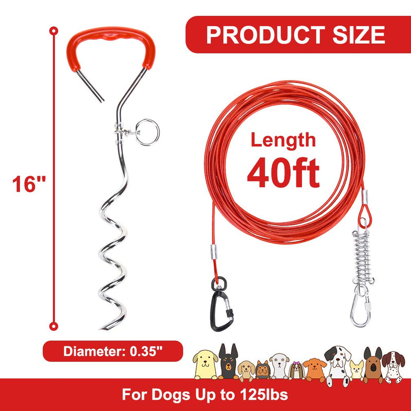 PUPTECK Dog Stake and Cable - Dog Tie Out Cable for Yard - 125lbs Heavy Duty Stainless Steel Stake and 40ft Wire Rope Dog Leash with Buffer Spring for Beach, Camping, Outdoor - PawsPlanet Australia