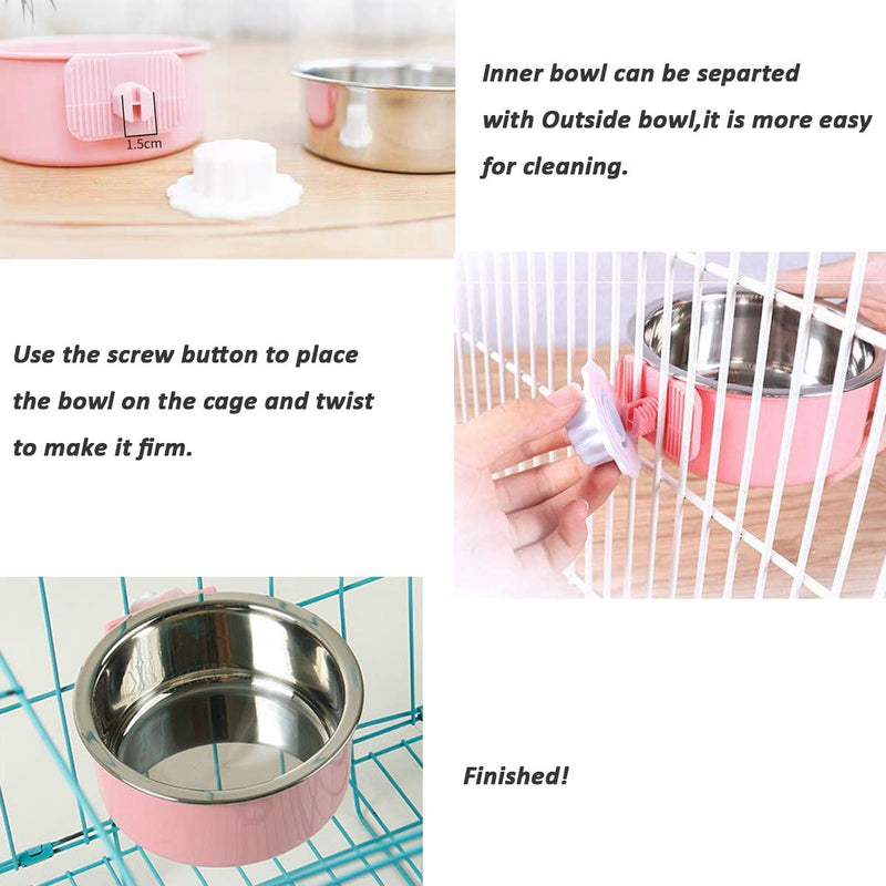 [Australia] - Bettors Pet Crate Bowl for Dog Hanging Pet Feeder Bowl Removable Stainless Steel Cage Hanging Water Food Bowl Dish with Bolt Holder for Pet Dog Cat Bird Puppies Green+Pink 