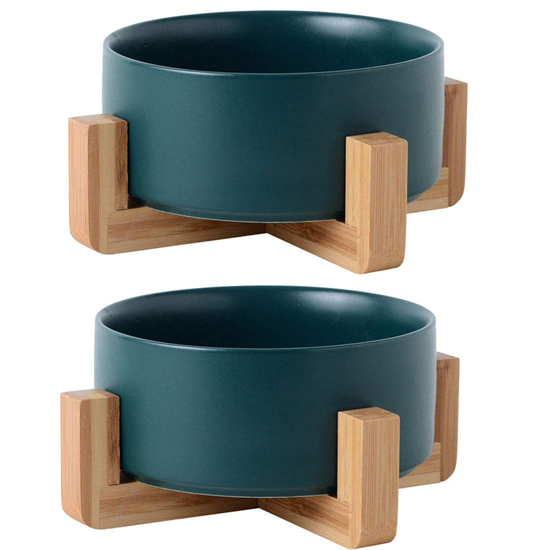 5.1 Inch Deep Green Ceramic Cat Dog Bowl Dishes with Wood Stand for Food and Water, No Spill Pet Food Water Feeder for Cats Small Dogs Set of 2 Bowls Free One Slow Feeder Ball… - PawsPlanet Australia