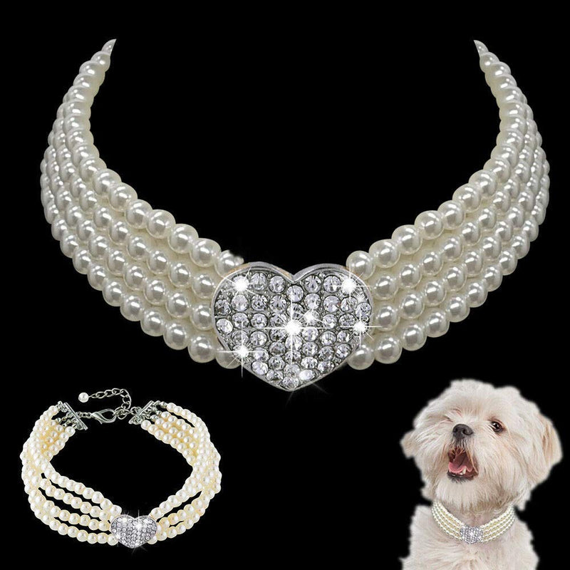 Dogs Kingdom 4 Rows Dog Cat Pearls Necklace Bling Rhinestone Heart Decor Collar Necklace Pet Puppy Jewelry Accessories S:8-10" neck White - PawsPlanet Australia