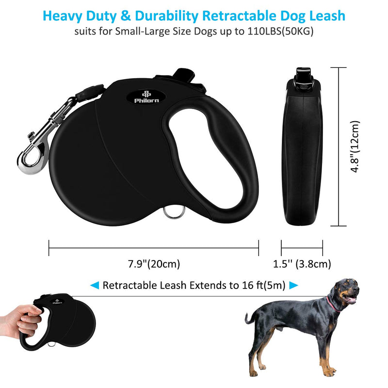 PHILORN Retractable Dog Lead, Heavy Duty 5M Extendable Dog Leash Tangle Free, One Button Break & Lock, Anti-Slip Rubber Handle Reflective Extending Lead for Small/Medium/Large Pet up to 110lbs Black - PawsPlanet Australia