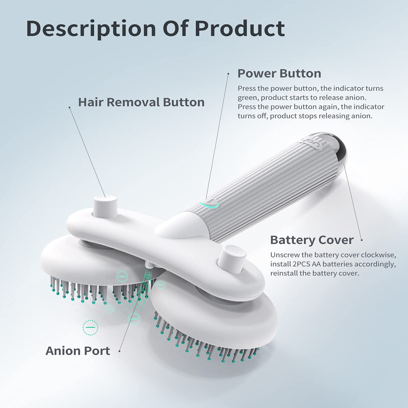 uahpet Skin-Friendly Grooming Brush Avoid Scratching Undercoat, Soothing Massage Pet Brush for Dogs and Cats, with Battery to Release Negative Ions Detangles and Softens Coat - PawsPlanet Australia