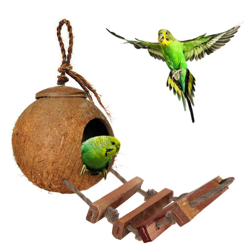 [Australia] - SunGrow Bird House with Ladder, Nesting Home and Bird Feeder, Mini Condo for Avians, Coco Texture Encourage Foot and Beak Exercise, 100% Raw Coconut Husk, Durable Habitat with Hanging Loop 