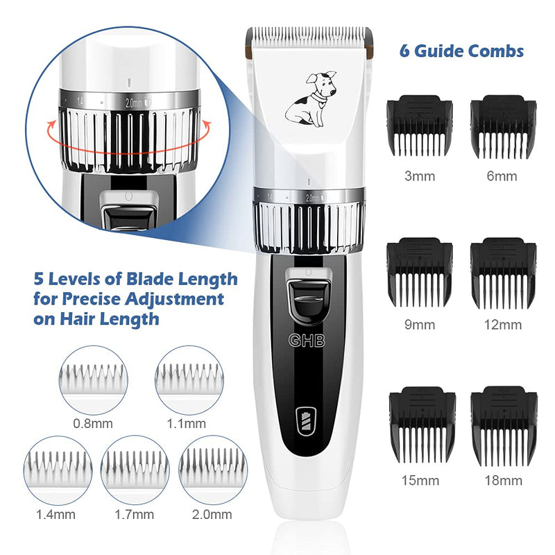 GHB Electric Dog Hair Clipper Cordless Pet Grooming Kit Low Noise with Steel Comb Scissor 2 Rechargeable Batteries 6 Guide Combs White - PawsPlanet Australia