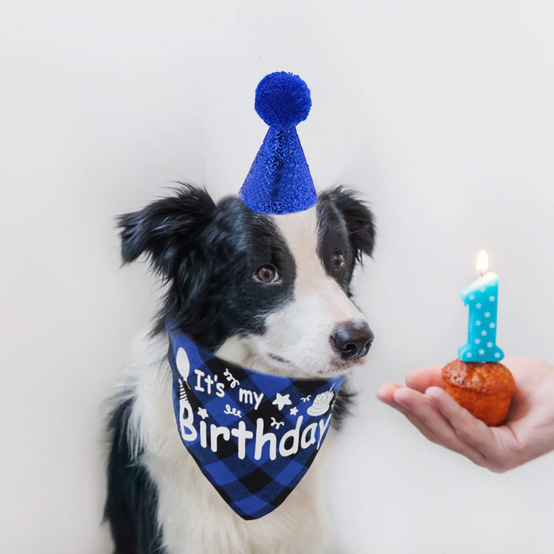 HACRAHO Dog Boy Birthday Supplies, 2 PCS Pet Birthday Plaid Bandana with Sequin Hat It’s My Birthday Dog Bandana Scarf and Adjustable Hat Pet Boy Birthday Party Supplies for Dogs Cats, Blue - PawsPlanet Australia