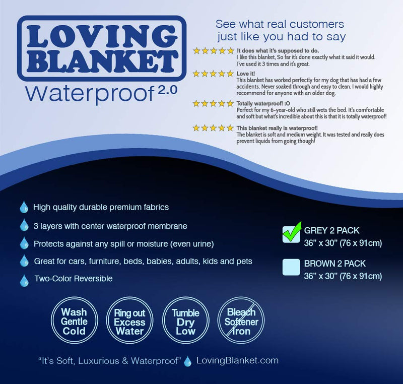 [Australia] - LovingBlanket 100% Leak Proof, Waterproof (Colors/Sizes) Totally Pee Proof, EZ-Wash, Durable, 3 Layer Blanket | Baby, Adults, Pets, Dogs, Cats, Cozy Soft 2-Pack 36"x30" Slate Grey/Cool Grey 