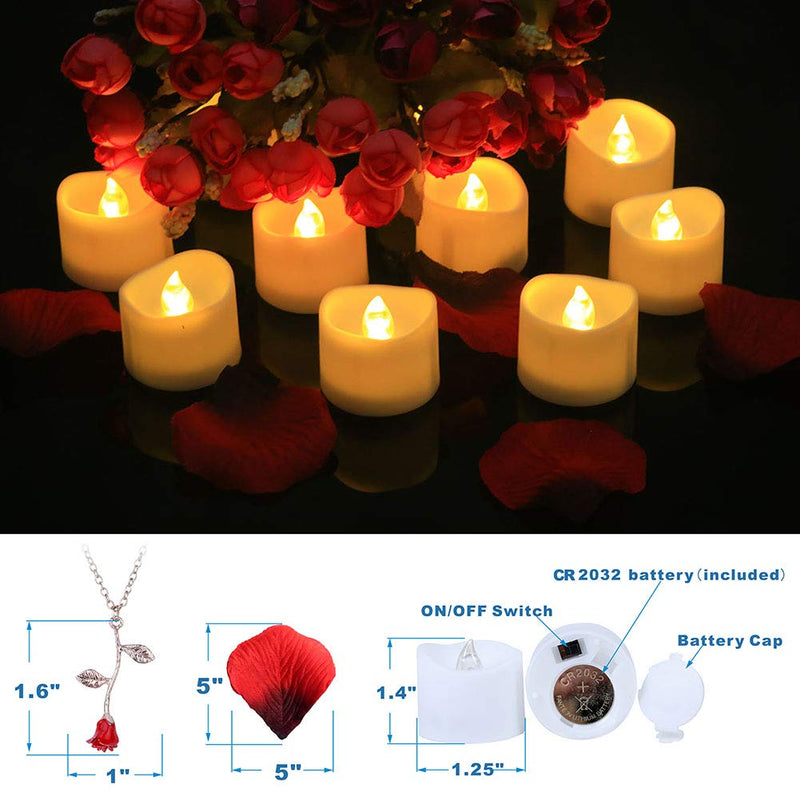 Flameless Battery Operated LED Tea Lights Candles with Warm White Flickering Light 16 pcs, Fake Rose Petal 100pcs, Rose Necklace 1pc, Proposal, Wedding, Table, Outdoor - PawsPlanet Australia