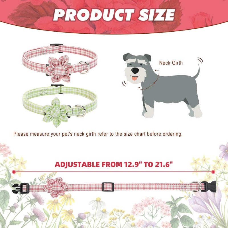Floral Dog Collar for Small Medium Dogs, 2 Pack Cute Plaid Doggy Collars with Detachable Flower, Adjustable 12.9" to 21.6" Pink - PawsPlanet Australia