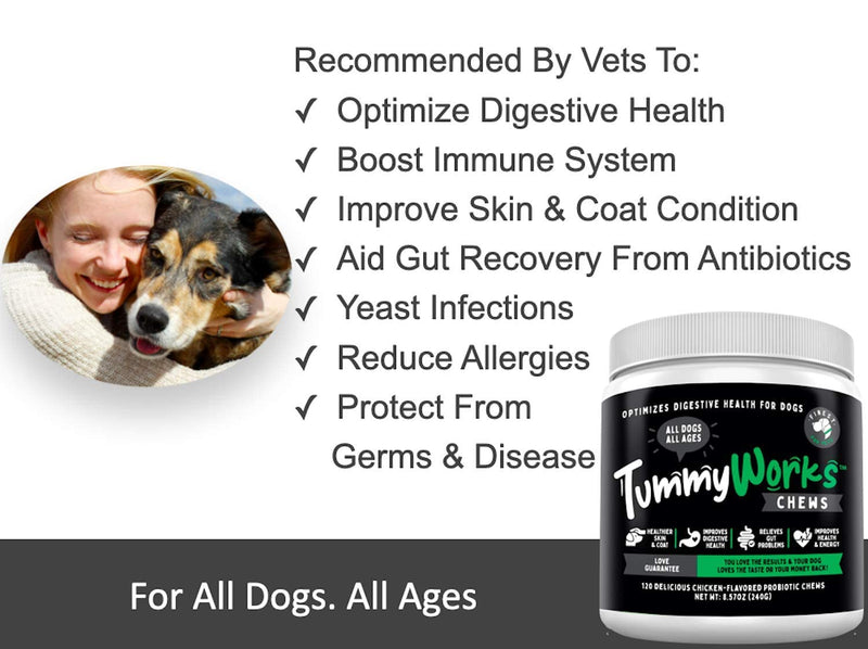 TummyWorks Probiotic Chews for Dogs. Relieves Diarrhea, Upset Stomach, Gas, Constipation & Bad Breath. Itching, Allergies & Yeast Infections. with Digestive Enzymes & Prebiotics. Made in USA 120 - PawsPlanet Australia