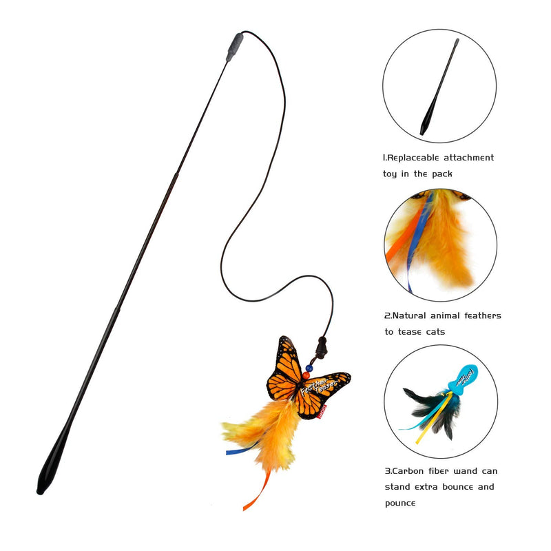 [Australia] - Gigwi Cat Toy Wand Feather, Interactive Cat Feather Toy Refillable Catnip/Crinkle Paper, Cat Toy Fishing Pole Attachments Fish/Butterfly/Rattle, Carbon Fiber Kitten Wand up to 25.5 Inches Retractable Cat Wand 