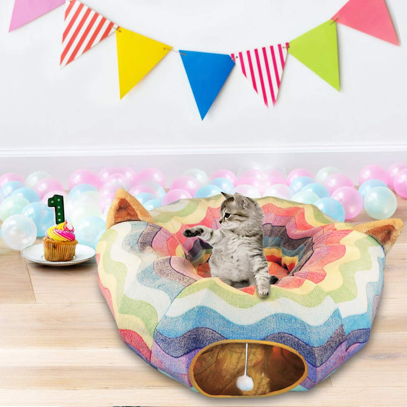 HOMEYA Cat Dog Tunnel Bed with Mat, Collapsible 3 Way Cat Tube Condo Play Toy with Peek Hole Fun Ball Indoor Outdoor Interactive Hideout Exercising House Toys for Pet Kittens Kitty Multi-colored - PawsPlanet Australia
