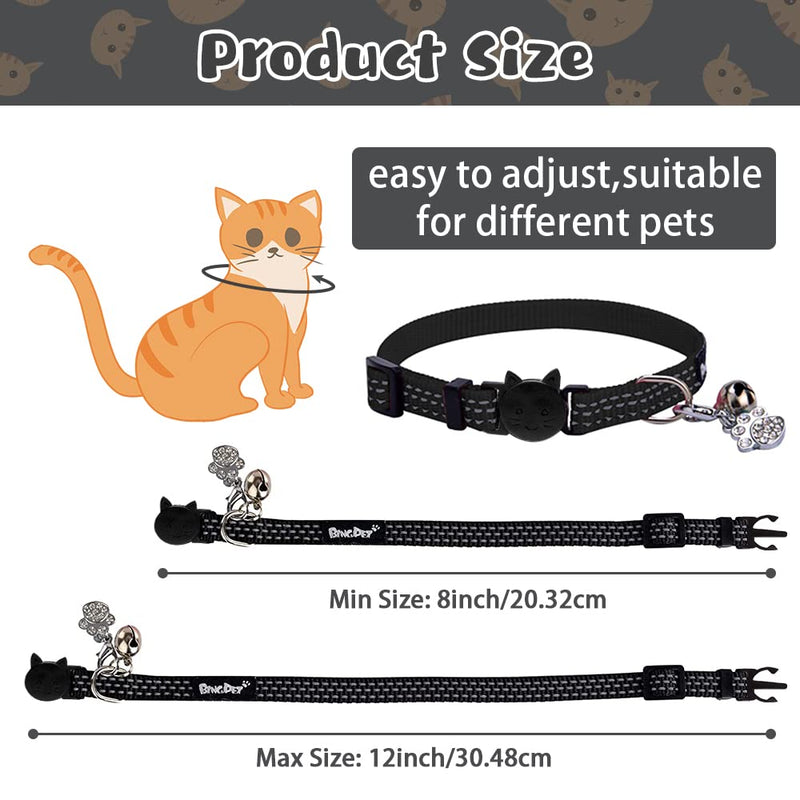 BINGPET Safety Nylon Reflective Cat Collar Breakaway Adjustable Cats Collars with Bell and Bling Paw Charm Black - PawsPlanet Australia