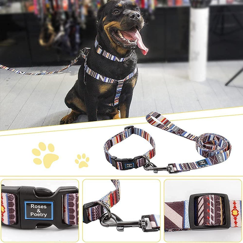 Roses&Poetry dog leash (1.5 m) dog collar in set for puppies, small, medium, large dogs with wonderful design, adjustable pet dog collar and dog leash set (stripes L) stripes L - PawsPlanet Australia