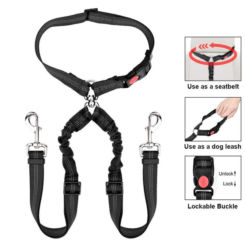 [Australia] - Lukovee Double Dog Seat Belt, New Dual Pet Car Headrest Restraint Safety Seatbelt No Tangle Dog Leash Duty Adjust Elastic Bungee Puppy Lead Splitter Connect Harness in Vehicle Travel for 2 Dogs 