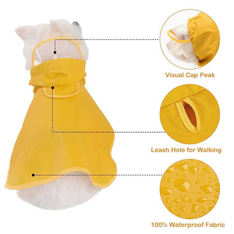 Yellow Dog Raincoat Puppy Waterproof Jacket with Hood & Leash Hole Transparent Brim Lightweight Breathable Adjustable Dog Rain Poncho for Small Medium Dogs - Belly Straps Buckle Easy to Wear Rain Coat - PawsPlanet Australia