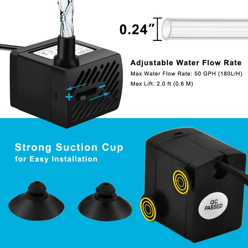 PULACO 2Pcs Mini Fountain Pump ( 50GPH 3W), Ultra Quiet Submersible Water Pump for Aquarium, Small Fish Tank, Pet Water Fountain, Tabletop Fountains, Water gardens and Hydroponic Systems - PawsPlanet Australia