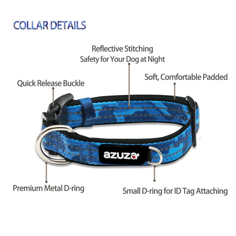 [Australia] - azuza Reflective Dog Collar and Leash Set, Blue Camo Padded Collar with Matching Clip Handle Leash for Small Medium and Large Dogs S (Neck: 11"-16") 